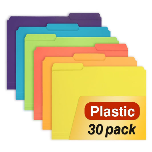 H4D 30 Pack Plastic File Folders Heavy Weight, Poly Colored File Folders 1/3-Cut Tabs with Sticky Labels, Letter Size, Assorted Colors