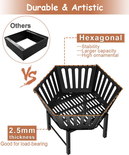 Waaliji 22.5 Inch Portable Hexagon Fire Pit with Travel Bag — Heightened Smokeless Design Outdoor Wood Burning Fire Pit for Camping, Backyard, Patio, Bonfire, Picnic and BBQ, Vertical Hollow Style