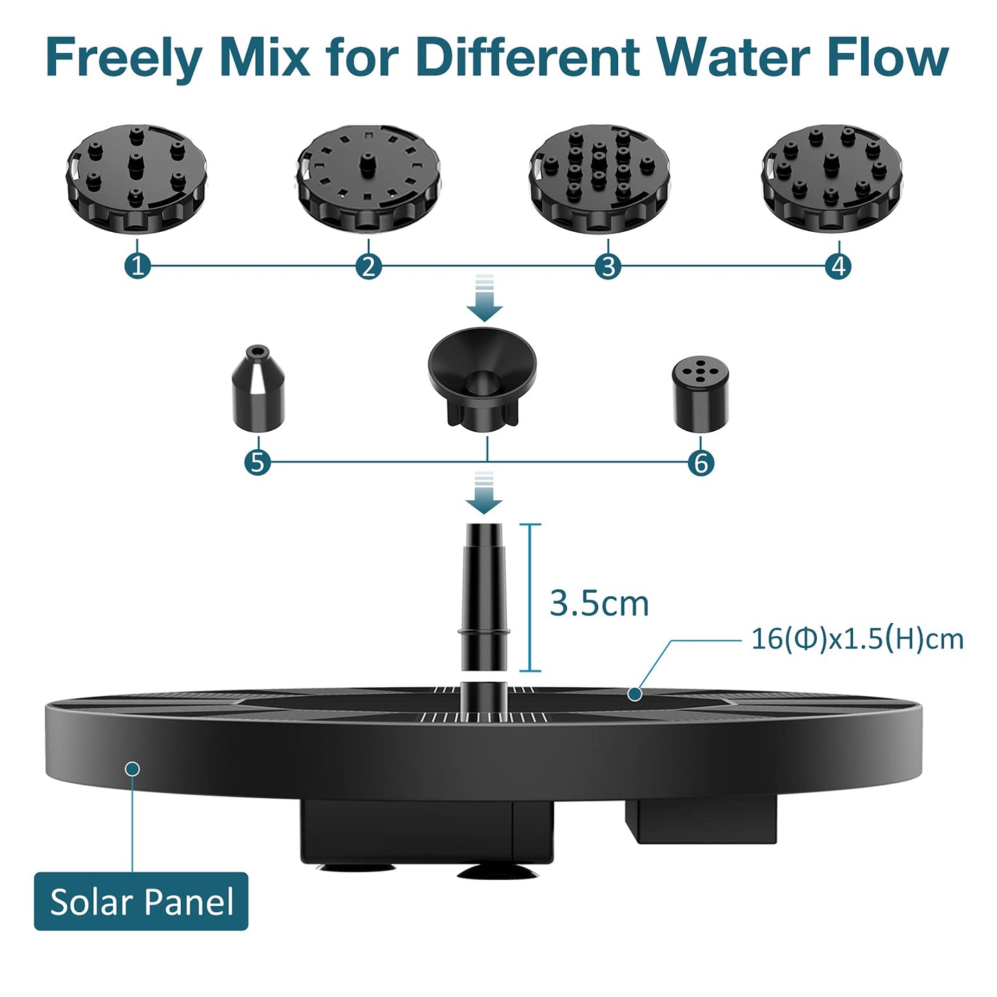 AISITIN 2 x 1.5 W DIY Solar Powered Garden Fountain with 6 Nozzles Effects for Ponds, Bird Bath, Aquarium, Garden Fountain