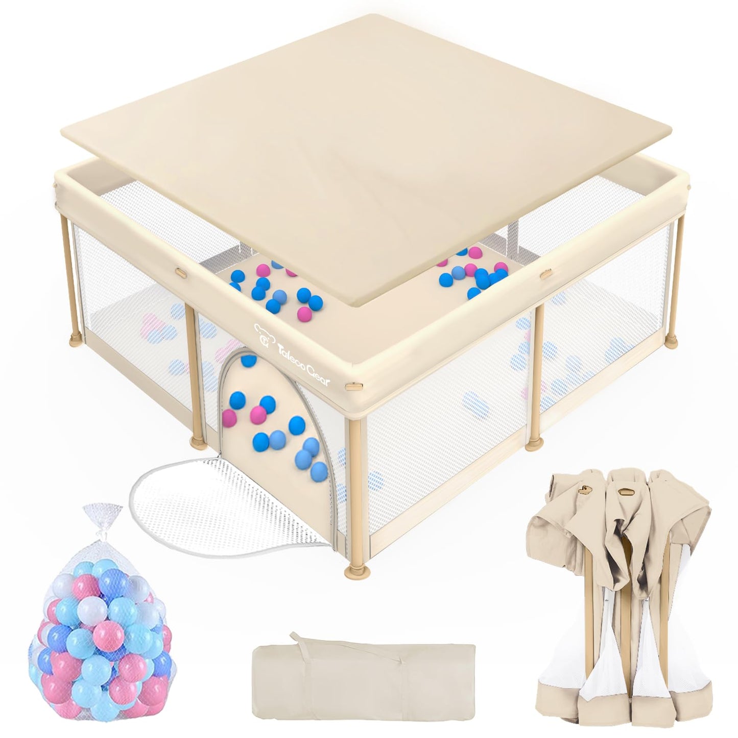 Foldable Baby Playpen for Babies and Toddlers, 50x50 Inch Portable Play Yard, Collapsible Play Pen with Mat, Visible Mesh, 50 Ocean Balls, Indoor/Outdoor Baby Fence Activity Center for Home