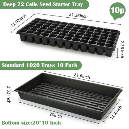 RooTrimmer 10 Pack 1020 Trays No Holes and 10 Pack 72 Cell Seed Starter Tray, 20" x 10" - Heavy Duty Reusable Plastic Seed Starter Kit for Microgreens, Seed Germination & Plant Propagation (10 Sets)