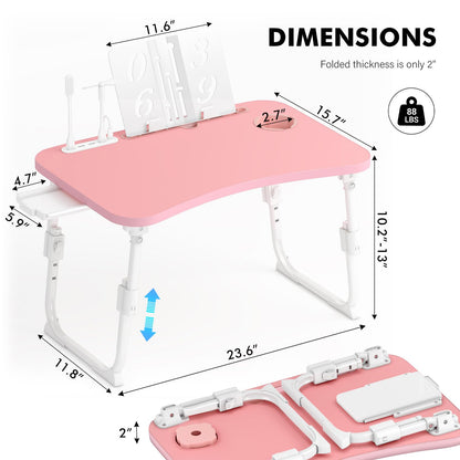 Lap Desk for Bed Adjustable Height, Foldable Bed Table with Storage Drawer, Tablet Slot & Cup Holder, Portable Laptop Stand for Bed & Sofa, Bed Desk for Adults & Kids, Pink