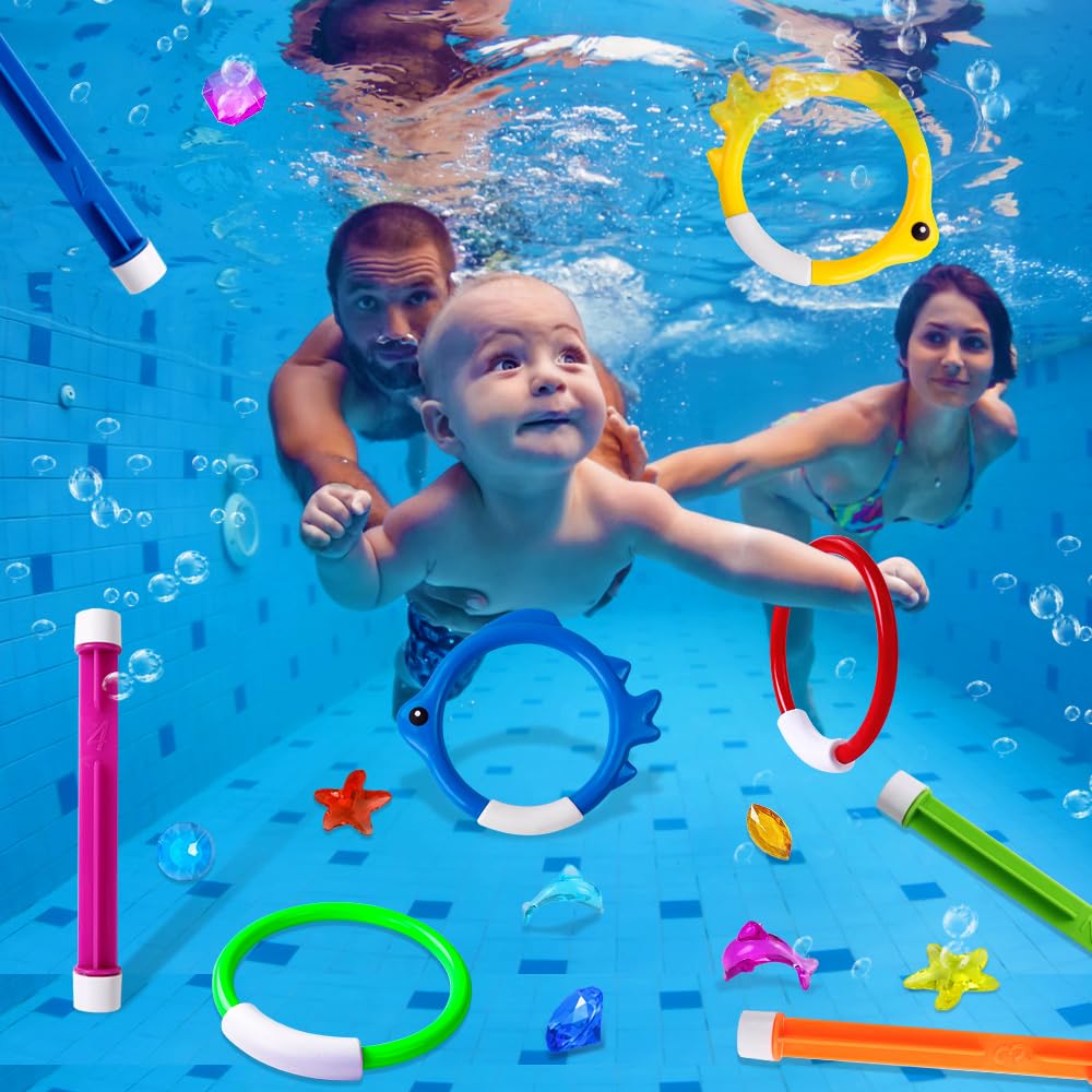 YUJUN 18PCS Pool Diving Swimming Toys, Summer Underwater Game Toys with Pool Fishes Dive Sticks Rings Gems Storage Bag for Kids Swim Birthday Party Favors