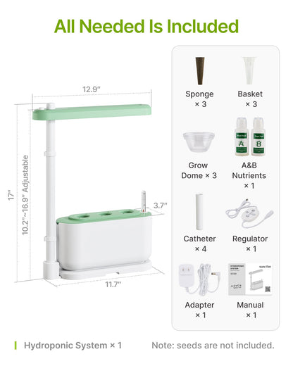 SUNCOZE Hydroponics Growing System Kit with 3 Pods – Full Spectrum LED Grow Light, Adjustable Height Indoor Herb Garden, Compact Hydroponic System for Beginners，Gardening Gifts