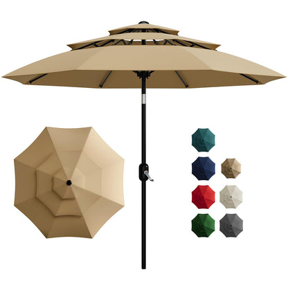Garvee 10Ft 3-Tier Patio Umbrella, Outdoor Table Umbrella with Vents, Easy Crank and Push Button Tilt, Market Umbrella with 8 Sturdy Ribs for Pool, Deck, Yard, Garden -Tan