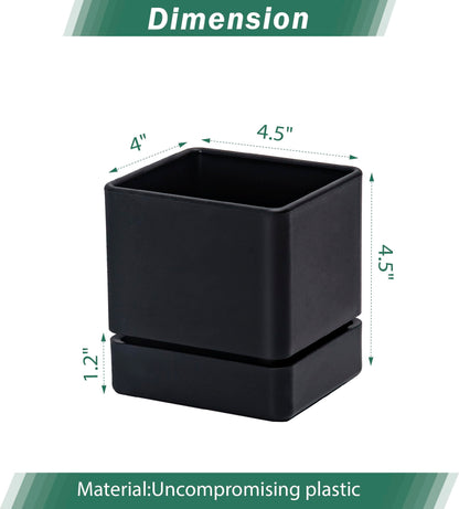 D'vine Dev 4 Inch Herb Planter Pot, Plastic Planter with Drainage Holes and Saucer, Modern Decorative Gardening Pot for Indoor Plants, Flowers, Herbs, Succulents, Black, Set of 1, 76-Y-B1-1