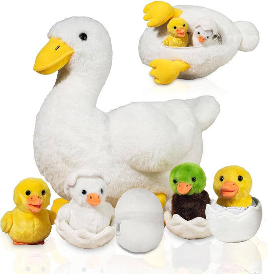 XYHQYB 7 in 1 Duck Stuffed Animal, 12" Zippered Mommy Stuffed Duck Toy with 4 Baby Ducklings and Eggs, Soft White Duck Plushie Pillow for Kids Christmas Birthday Gift Farm Party