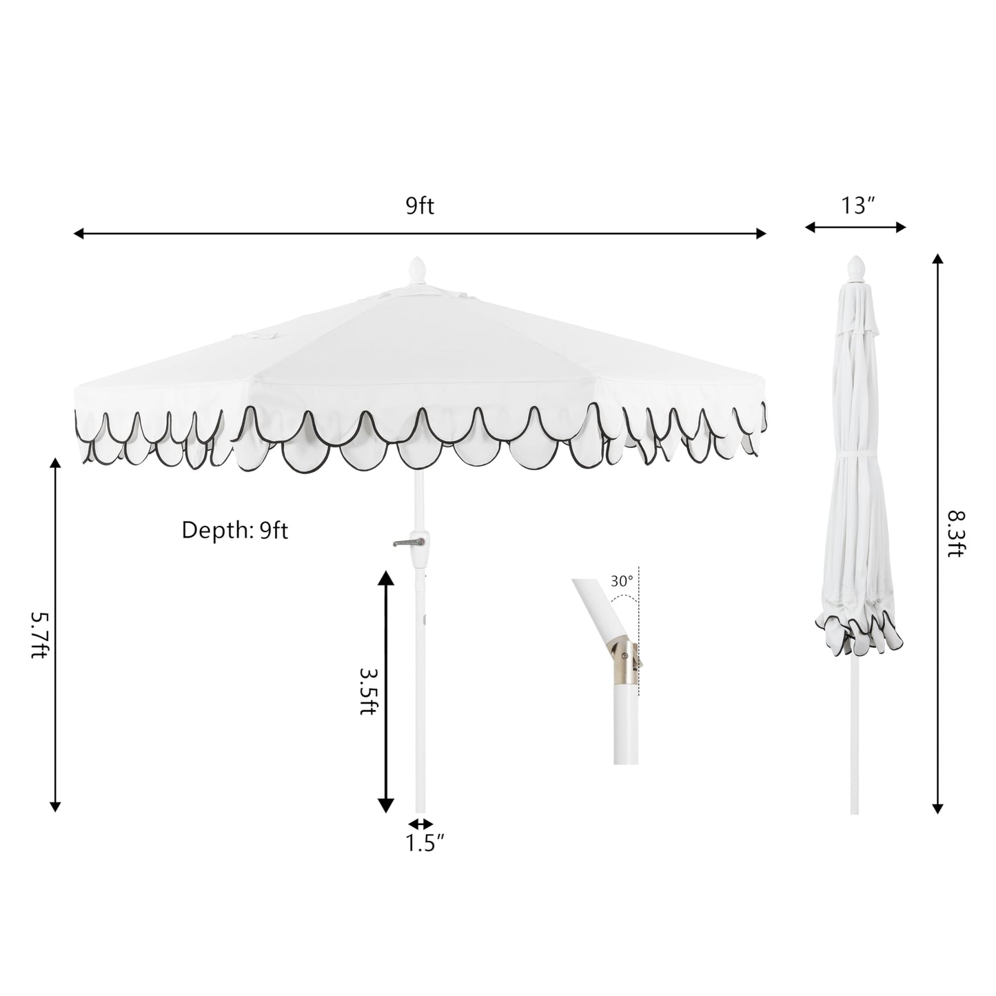 JONATHAN Y UMB1002D Tracy 9 ft. Classic MidCentury Scalloped Fringe Market Patio Umbrella with Auto-Tilt, Crank, Wind Vent and UV Protection in White/Black
