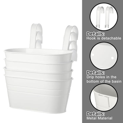 Hicarer 4 Pcs Metal Hanging Flower Pots for Railing Fence, 10.6 Inch Hanging Rail Planters for Outdoor Window Balcony Plants Holder with Hooks for Garden Yard Home Decor (White)