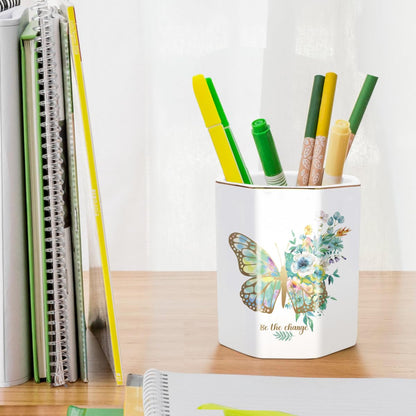 WAVEYU Pencil Pen Holder for Desk, Ceramic Cute Makeup Brush Holder, Desktop Supplies and Accessories for Women Students, Art Supply Caddy, Butterfly Pattern