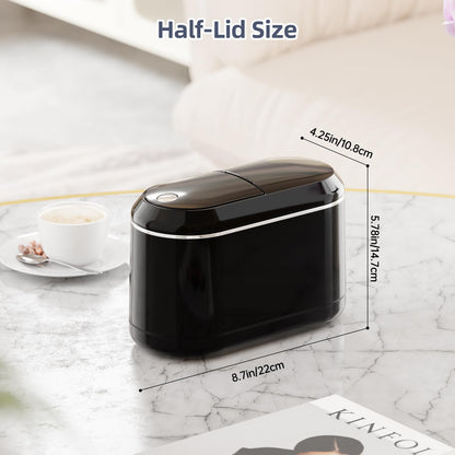 PAVSTINE Mini Trash Can for Desk with 5 Rolls of Trash Bags, Small Press-Top Countertop Garbage Bin, Removable Waste Basket for Bedroom, Vanity, Coffee Table, Kitchen (Black Half-Lid)