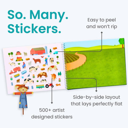 Farm Animal 500+ Kids Sticker Book by Cupkin Toddler Airplane Travel Activity Coloring and Sticker Book, Road Trip Essentials, 12 Coloring Pages 12 Scenes for Ages 2–8 Years