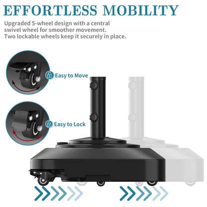 Umbrella Base, Heavy Duty Patio Umbrella Stand with 5 Wheels, Max 100lb Fillable Mobile Outdoor Base, Pole Holder 2 Knobs, UV Resistant and Windproof Design for Patio, Deck, Poolside, Lawn(19 in)