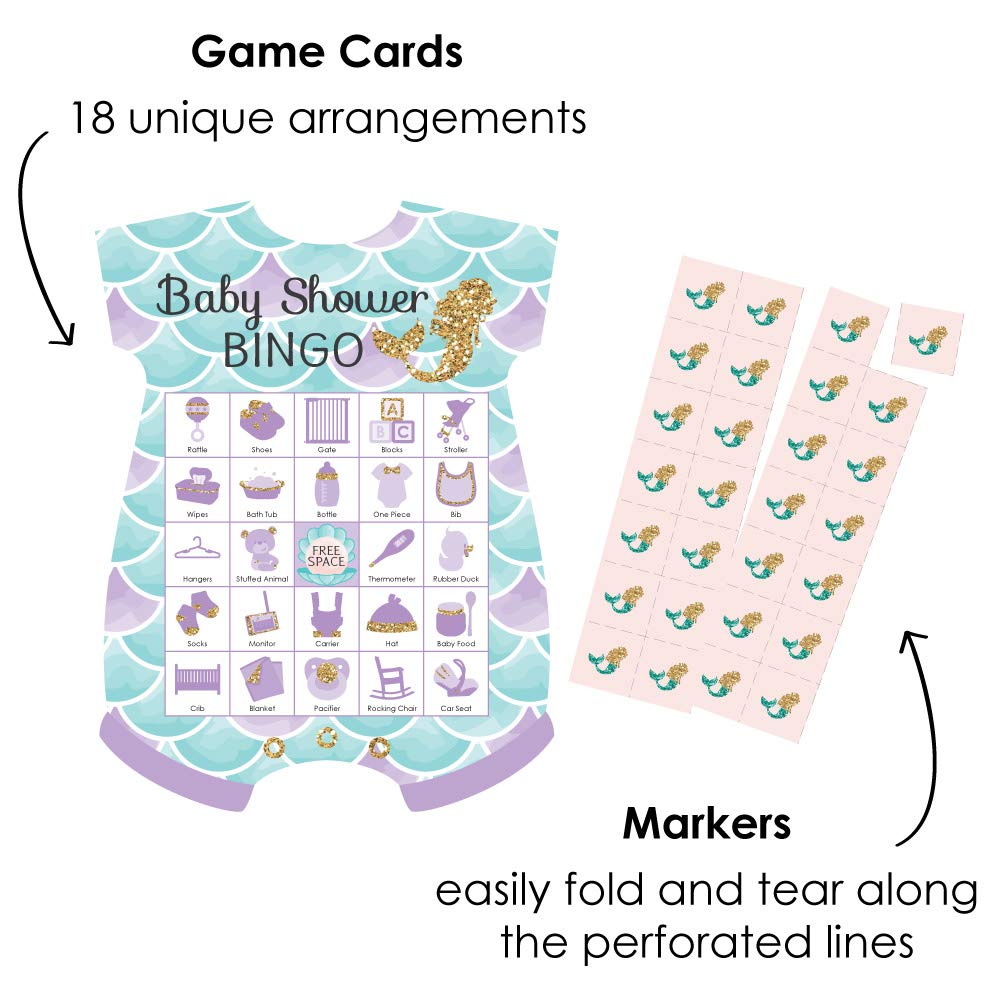 Big Dot of Happiness Let's Be Mermaids - Picture Bingo Cards and Markers - Baby Shower Shaped Bingo Game - Set of 18