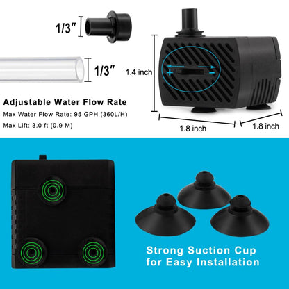 PULACO 95GPH 5W Mini Submersible Water Pump with 3.3 ft Tubing for Aquarium Fish Tank, Pond, Fountain, Hydroponics