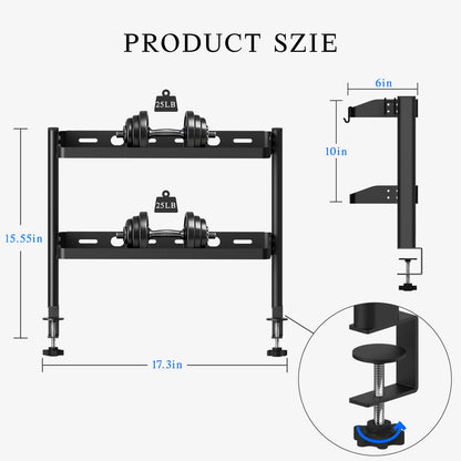 Clamp on Desk Shelf, 17in 2-Tier Office Desk Shelves Organizer, Small Shelf for Top of Desk with Headphone Holder and Hooks, Desktop Storage Rack for Home Workspace, Study Rooms, Gaming Accessories