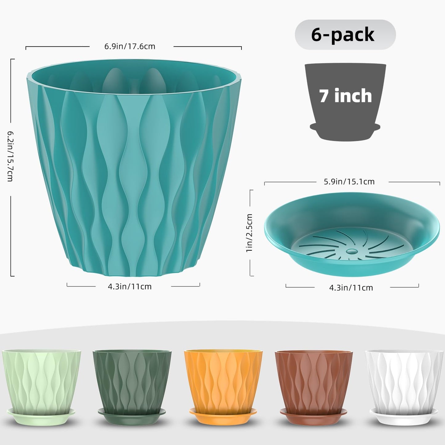 GDJUQZ 6 Pack 7 Inch Indoor Plant Pots with Drainage Holes, Outdoor Plastic Decorative Flower Pots, Garden Planters with Tray Saucers for Orchids, Violets, Succulents, Herbs, and Other Plants