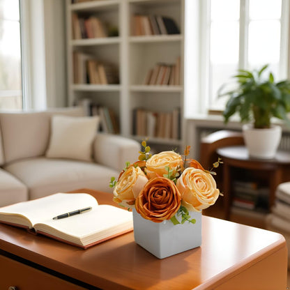 LADADA Artificial Roses in White Ceramic Vase, Faux Silk Flowers with Eucalyptus, Fake Floral Centerpiece for Home Wedding Party Table Decor