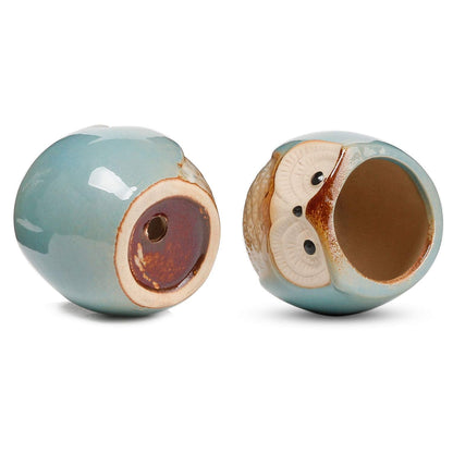 T4U 2.5 Inch Owl Ceramic Succulent Planter Pots with Bamboo Tray Set of 6, Flowing Glaze Porcelain Handicraft Plant Holder Container Gift for Mom Sister Aunt Best for Home Office Garden Decoration