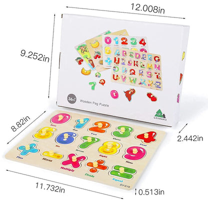 GRINNNIE Wooden Peg Puzzle for Toddlers 3 4 5 Years Old, 4 PCS Montessori Educational Learning Puzzles Set-Numbers, Letters, Animals and Fruits, Great Preschool Gifts for Girls and Boys