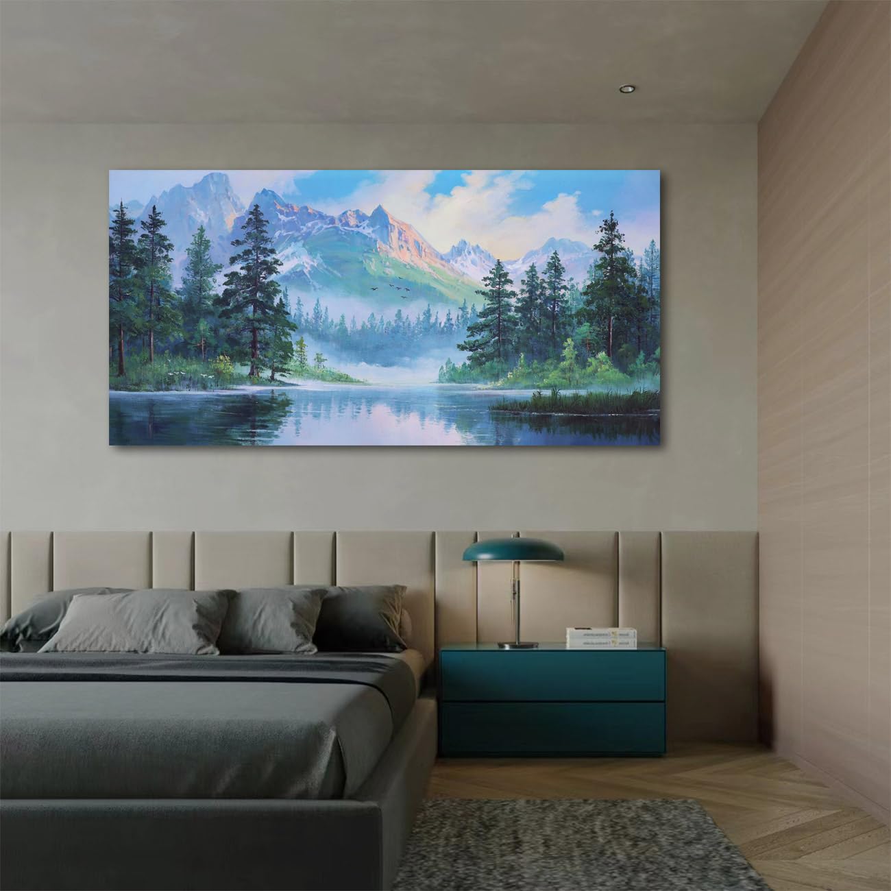 Acocifi Landscape Mountain Wall Art for Living Room Canvas Art Wall Decor Lake Forest Painting, Tree Nature Picture Bedroom Scenery Textured Artwork Framed Office Home Dining Room, Large 48"x24"