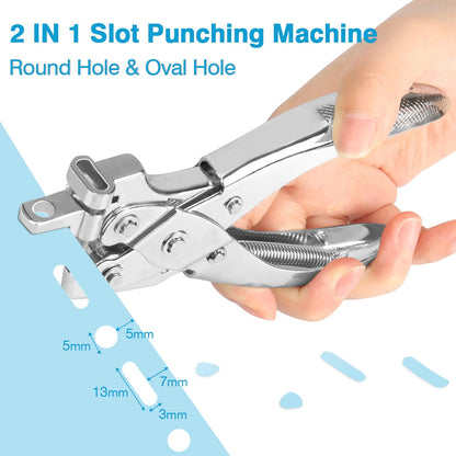 CAETOUNG 2 in 1 Badge Slot Hole Punch for ID Cards, Heavy Duty Hand Punch Metal Hole Puncher for PVC Material, Business Cards, Paper and Cardstock (5mm Round Hole &13mm X 3mm Slot Hole, Silver)
