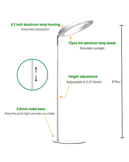 Yadoker 72 LEDs Full Spectrum Plant Grow Light for Indoor Plants，Height Adjustable, 6.3" Aluminum Housing,Automatic Timer with 8/12/16 Hours,10-Level Brightness,White Plant Light,1Pack