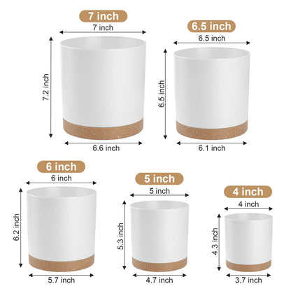 YNNICO Plant Pots with Drainage Holes and Saucers – 7, 6.5, 6, 5, 4 Inch Plastic Planters for Indoor Outdoor Plants, Modern Matte Finish, Lightweight & Durable（White