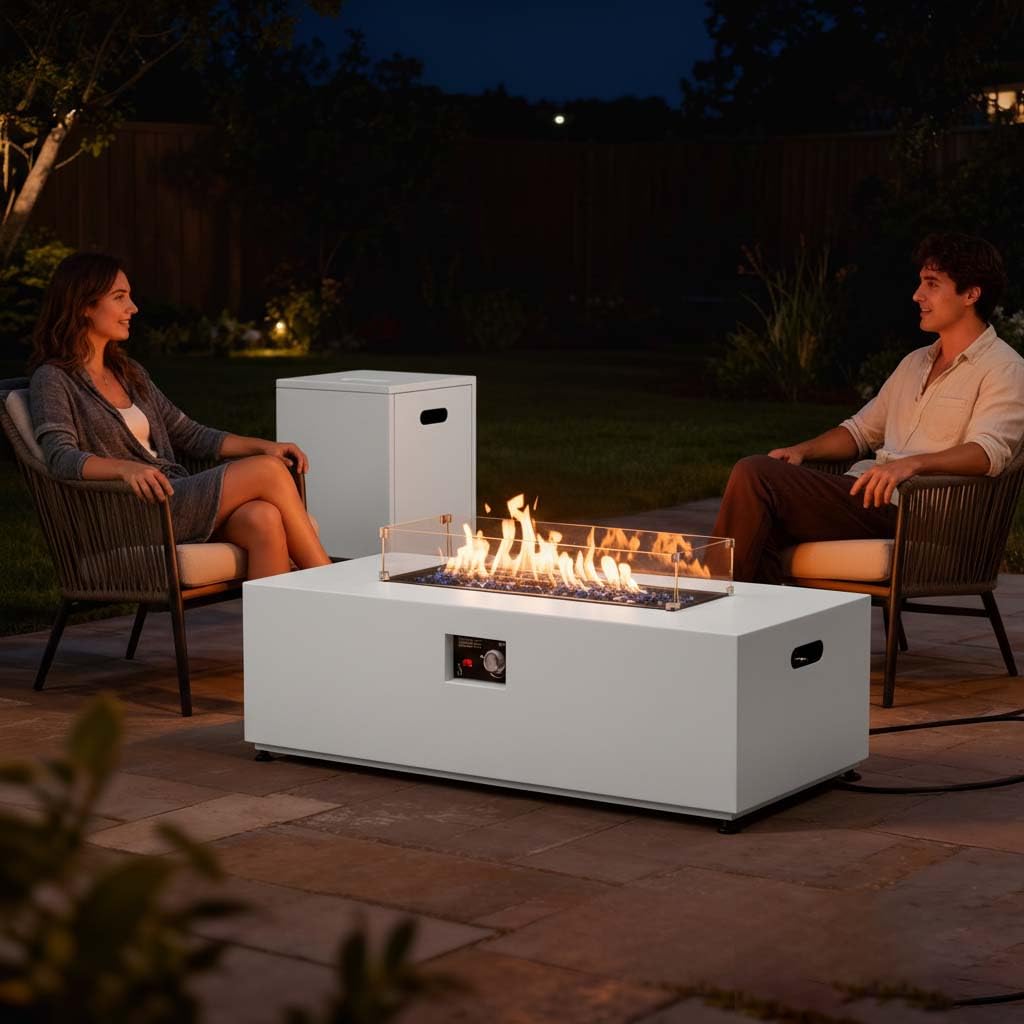Aeeiua 42" Propane Fire Pit Table Set with Tank Holder, Rectangle 2-Piece Outdoor Firepit Wind Guard, Lid, Glass Stones and Cover