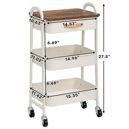 AGTEK 3 Tier Rolling Utility Cart Organizer with Drawer, Metal Craft Cart with Wheels for Bathroom, Kitchen, Office, Nursery Diaper, White