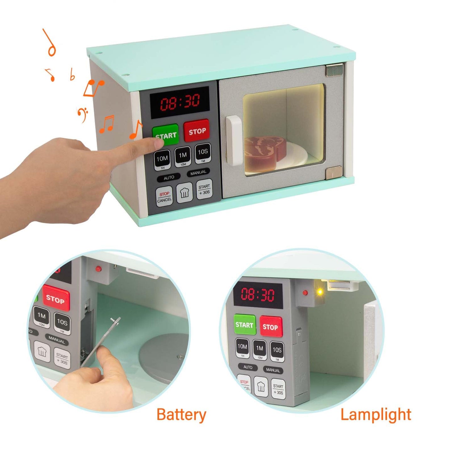 WOODENFUN Toddler Play Kitchen Toys, Wooden Microwave Oven with Light and Realistic Sound, Pretend Play Kitchen Accessories, Learning Toy Birthday Gifts for Boys Girls 3-8 Year Old