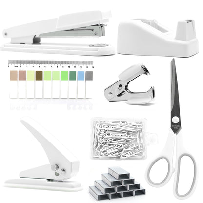 sportsvoutdoors White Desk Accessories, Modern Minimalist Office Supplies Set, Large Stapler, Tape Dispenser, Scissors, Paper Clips, Tabs with Ruler