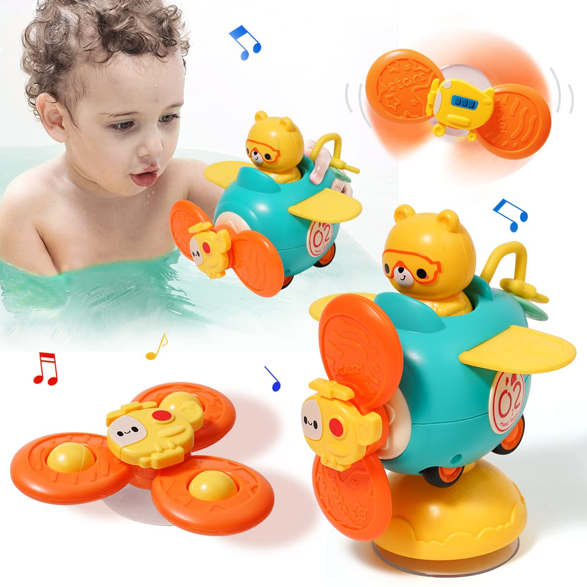 taotaotoys 3 in 1 High Chair Toys with Suction Cups Spinner Baby Toys for Babies 6-12 Months,Infant Teething Tray Rattle Bath Toys for Babies 12-18 Months Toddlers Boy Girl Birthday Gifts