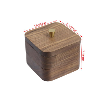 Pastlla 3.7x3.7x3.1 Inch Tray Box, Walnut Wooden Multi-Layer Storage Box, for Cleaning Tools, Toothpicks, Cotton Swabs, Jewelry Items, Rings, Earrings, Necklaces, Etc