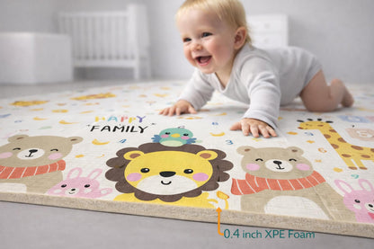 DAN&GO Extra Large Baby Play Mat, Foldable, Double-Sided, Beige, Non-Toxic XPE Material, Portable Activity Floor Mat for Babies 0-12 Months & Kids, Educational Design (Funny, 71 * 79 * 0.4)