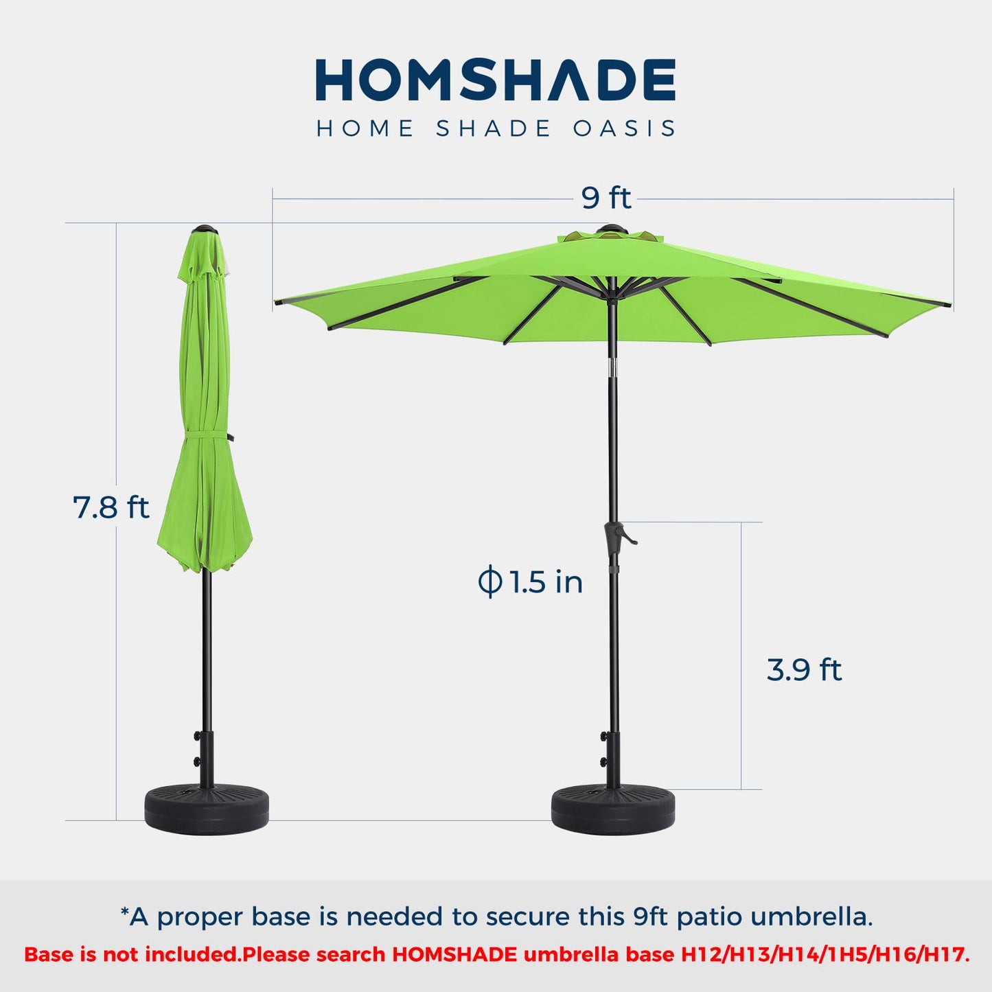 HOMSHADE 7.5ft Outdoor Patio Umbrella - Market Table Pool Deck Umbrella UPF50+ UV Protection with Push Button Tilt, Crank and 6 Sturdy Ribs (Apple Green, No base)