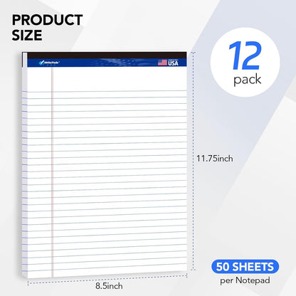 Legal Pads 8.5 x 11.75 Inch Wide Ruled Writing Pads, 12 Pack Note Pads - White Perforated Paper with Hard Back, 50 Sheets Per Pad, No Bleed Paper Notepad for Office, School, Business MADE IN USA