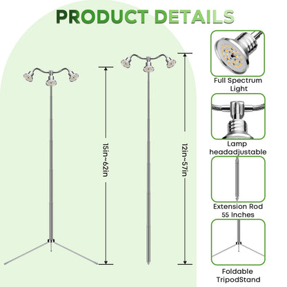Full Spectrum Grow Lights for Indoor Plants 15-62 Inches Height Adjustable Aluminum Alloy Plant Growing Lamps with Detachable Tripod Stand, Auto On/Off Timer (Full Spectrum, Three Heads)