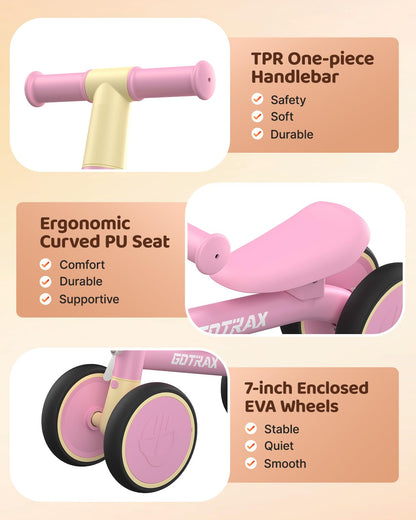 Gotrax Baby Balance Bike 1-2 Years, 7" Front & Rear Silent Wheels, Sturdy Steel Frame 66 lbs Load, Quick 2-Min Assembly, CPC Certified, Comfortable Soft Seat, Toddler Birthday Gift for Boys&Girls Pink