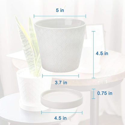 BUYMAX Plant Pots Indoor –5 inch Ceramic Flower Pot with Drainage Hole and Ceramic Tray - Gardening Home Desktop Office Windowsill Decoration Gift, Set of 4 - Plants NOT Included (White)