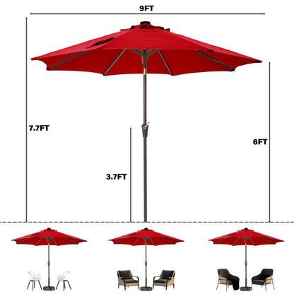 Tioline 9FT Solar-Powered LED Patio Umbrella with Tilt Crank,Outdoor Market Umbrella with 32 Lights,Sunshade for Deck, Garden and Pool,Red