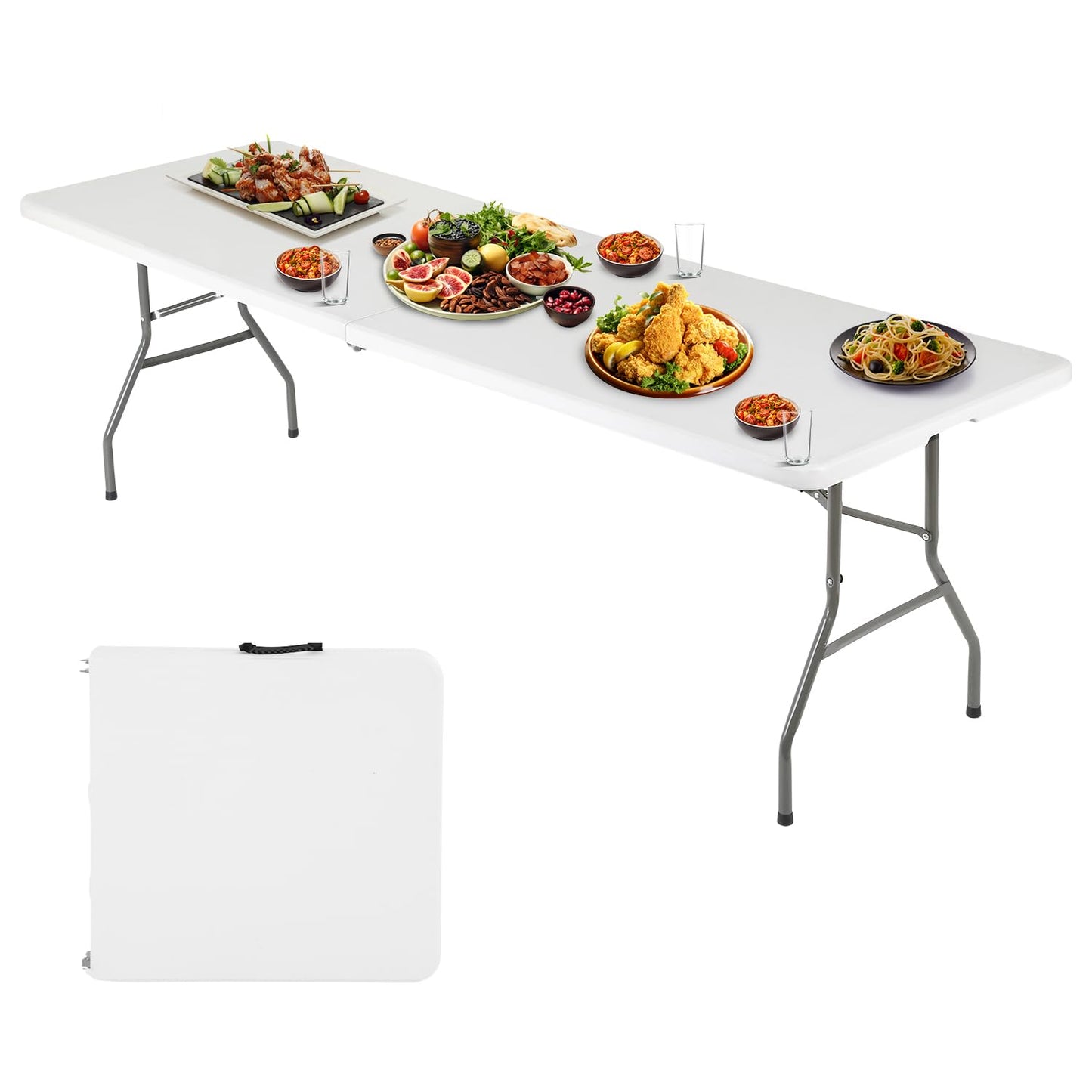 FDW 6FT Folding Table, Portable Fold-in-Half Plastic Picnic Party Table with Carrying Handle (White