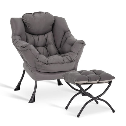 LITA Lazy Chair with Ottoman, Modern Accent Leisure Upholstered Lazy Sofa Armchair, Contemporary Lounge Reading Chair with Armrests and a Side Pocket for Living Room, Bedroom & Small Space, Dark Grey