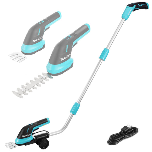 DURATECH Cordless Hedge Trimmer, 3.6V 3-in-1 Handheld Electric Grass Trimmer & Hedge Shears with 50" Wheeled Extension Pole, USB Type-C Cable and Built-in Li-ion Battery, for Garden, Yard and Lawn