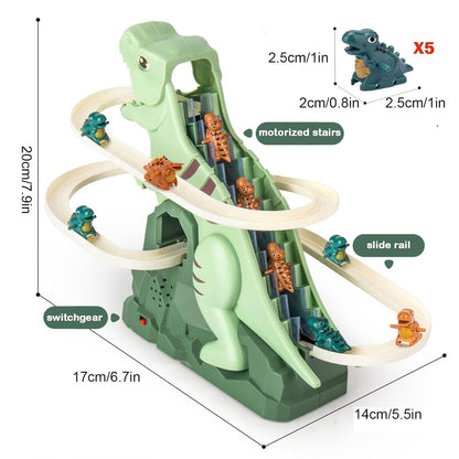 Dinosaur Chasing Race Track, Dinosaur Climbing Slide Stair Toy, Electric Dino Roller Coaster with Light and Music Electric Race Track Game Set Fun Track Slide