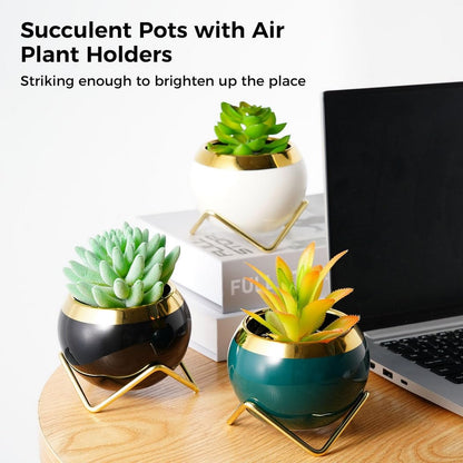 Set Of 3 Air Plant Holders, Metal Stand With Ceramic Pot For Succulents And Cacti, Cute Mini Pots For Indoor Plants