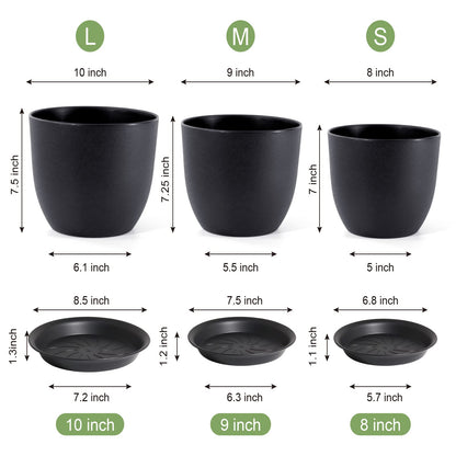 WSMKSZ 10/9/8 inch Medium Plant Pots, 3 Pack Modern Decorative Plastic Planters with Drainage Holes and Saucers, Flower Pots for Indoor Outdoor Plants, Black