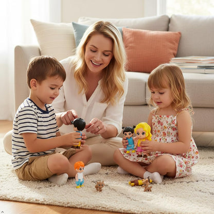 FUNERICA Dollhouse Family Figures & Pets – Poseable Family Dolls Set – Miniature Dollhouse People - Compatible Doll House Accessories for 1:12 & 1:24 Wooden & Plastic Dollhouses + Bonus Figures