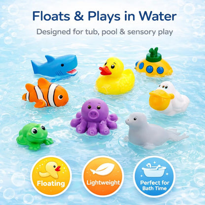 15 PCS Ocean Animals Rubber Bath Toy Water Squirters with Floating Bathtub Squeeze and Play Soft Sea Creatures anf Fishing Net for Baby, Toddlers and Kids