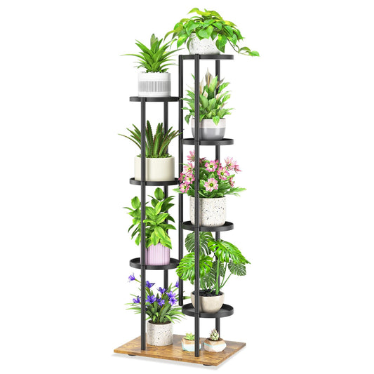 iDavosic.ly 7 Tier Plant Stand Indoor Outdoor, Tiered Corner Multiple Flower Pot Holder Shelf, Metal 51 Inch Tall Display Rack for Patio Porch Living Room Garden Balcony, Modern Black & Rustic Brown